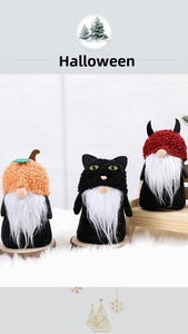Detailed view of Halloween gnomes set with pumpkin, black cat, and devil ear hats
