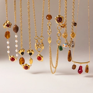 Vintage Stainless Steel Pendant Necklace Resin Artificial Pearl Rhinestone Multi-layer Sweater Chain For Women Boho Jewelry