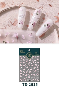 Macro detail of 5D pink embossed floral nail stickers TS-2615 with elegant textures