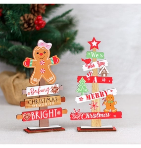 Wooden Christmas tabletop decor featuring gingerbread baking and festive holiday themes