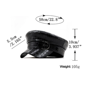 Black crocodile embossed PU leather baker boy hat with dimensions and D metal buckle