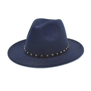 Classic navy blue fedora wool hat with studded leather belt for autumn winter season
