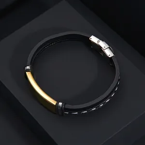 Men's hip hop black braided leather bracelet featuring a gold stainless steel ID plate