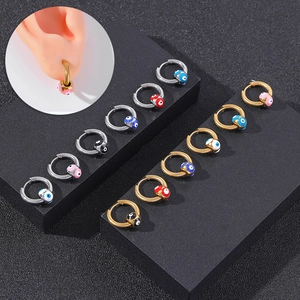 Stainless Steel Evil Eye Hoop Earrings For Women Men Punk Style Gold Silver Color Enamel Bead Ear Cuffs Fashion Jewelry