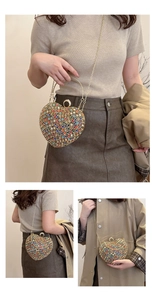 Detail of heart rhinestone evening bag showing handheld and crossbody styling options