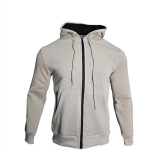 Detail of oatmeal thermal fleece hoodie with full zipper and adjustable drawstring hood