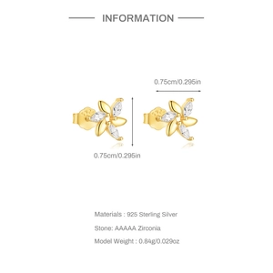 Detailed view of petal-shaped silver earrings with zircon insets and S925 hallmark