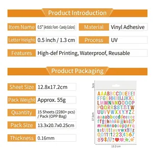 0.5-inch colorful vinyl letter and number stickers for waterproof DIY journaling