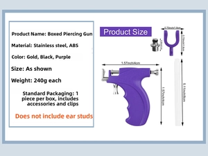 Detail of purple stainless steel ear piercing tool kit with dimensions and components