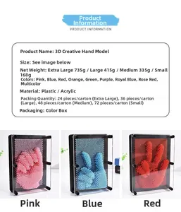 Detailed size comparison of 3D creative hand mold toys in pink blue and red colors