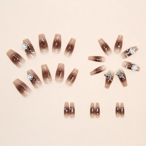Dark brown gradient ballerina fake nails with 3D camellia flowers and crystals