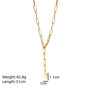 Detail view of gold paperclip chain necklace with freshwater pearl and product dimensions