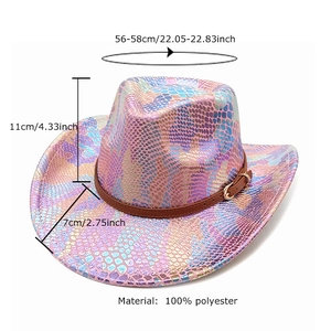 Iridescent snake pattern cowboy hat with brown leather band and 100% polyester fabric