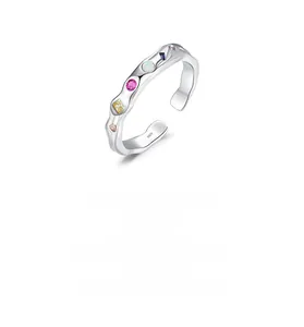 Close-up of S925 sterling silver open ring featuring colorful rainbow zircon stones
