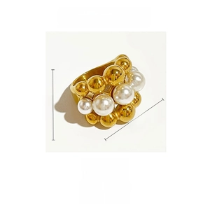 Detailed view of layered 18K gold plated stainless steel bead ring with faux pearls