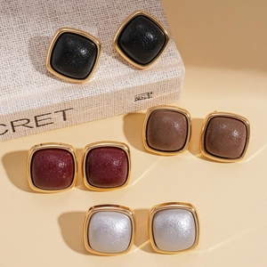Retro geometric square leather earrings in black, brown, burgundy and silver finishes