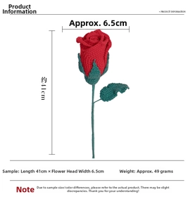 Detailed view of hand-knitted red rose with green leaves measuring 41cm in length