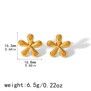 Detail view of 18k gold plated flower earrings with dimensions 16.3mm by 16.8mm