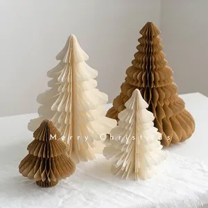 Minimalist origami paper honeycomb Christmas trees in cream and khaki brown tones