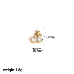Golden cherry pendant with crystals showing dimensions 15.6mm by 15.5mm and 1.8g weight