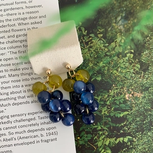 Detailed macro view of blue and green resin grape earrings on a white fabric display card