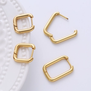 Polished gold earrings showing square and rectangular shapes in open and closed states