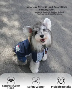Detail of waterproof blue dog jacket with hooded design and secure safety zipper