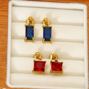 Geometric stainless steel earrings with rectangle blue and square red zircon stones