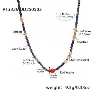 Detailed view of beaded necklace showing lapis lazuli, red agate, and seashell dimensions