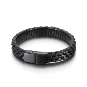 Minimalist black braided leather men's titanium steel bracelet with matte magnetic clasp