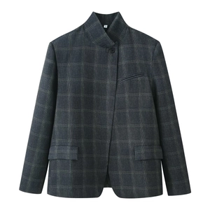 Men's dark grey plaid blazer with a stand collar and high-quality checkered texture
