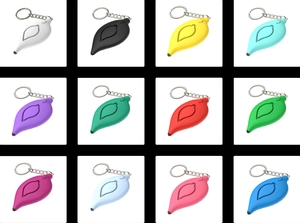 Grid display showing leaf-shaped personal alarms in twelve various vibrant colors