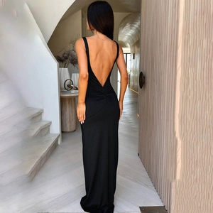 Robe longue noire sexy dos nu avec lacets et détails froncés pour femme