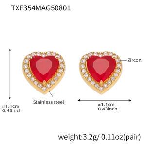 Detailed view of heart-shaped red zircon stud earrings with stainless steel dimensions