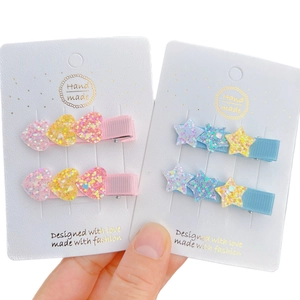 Glitter heart and star hair clips set for girls with colorful sequins and ribbon wrap