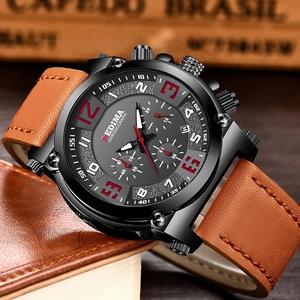 Men's chronograph watch with black dial and brown leather strap on a rustic background