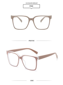 Pink square TR90 frame glasses with dual-layer design showing front and side views