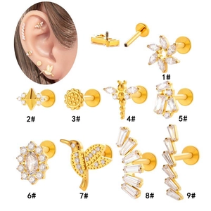 Titanium gold cartilage stud earrings with bird and floral zircon inlay designs