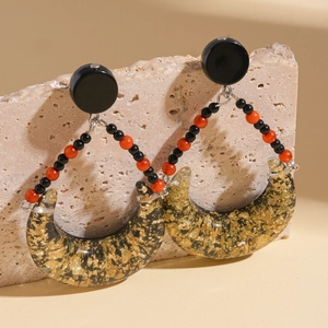 Vintage resin teardrop earrings with gold foil details and bead accents for women