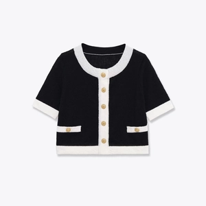 Women Elegant Contrast Color Knit Cardigan Short Sleeve Round Neck Top With Gold Buttons Fashion Slim Fit Knitwear