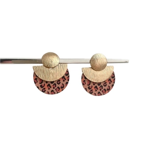 Minimalist geometric leopard print earrings with gold brushed metal and round wood studs