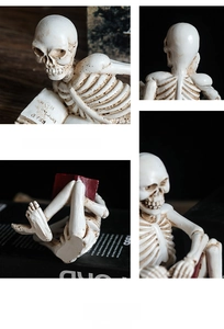 Macro detail of aged resin skeleton figurine with intricate bone texture and red book