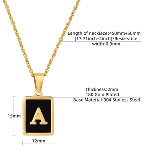 Detailed view of 18K gold plated square black enamel pendant necklace with letter A