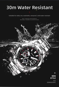 Detalle de reloj impermeable con salpicaduras de agua y esfera en negro y rojo