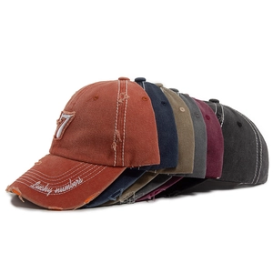 Distressed vintage baseball cap with number 7 patch and Lucky Numbers embroidery in various colors