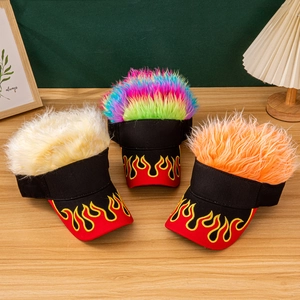Detailed trio of novelty wig sun visors with flame embroidery and colorful faux hair