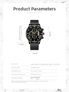 Detailed specification chart for a men's black stainless steel watch with dimensions