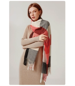 Close-up of color-block checkered scarf with soft tassels in red grey and black