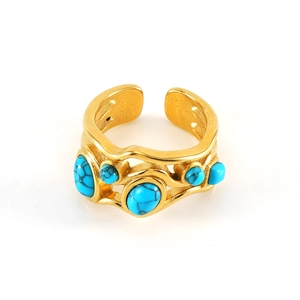 Retro 18k gold plated stainless steel open ring featuring five inlaid malachite stones