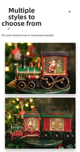 Detailed view of vintage musical Santa train snow globes with festive LED bokeh lights